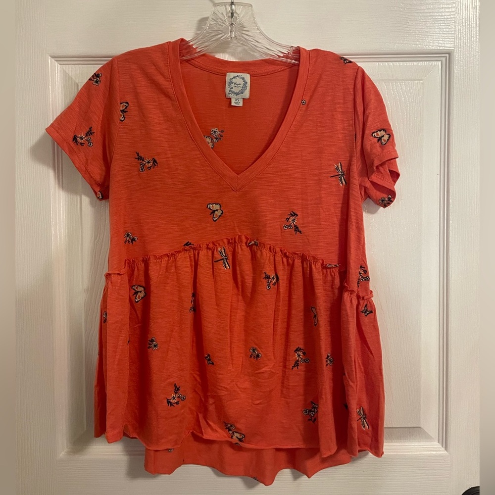 blue rain Orange Top, Floral and Butterflies, Size XS